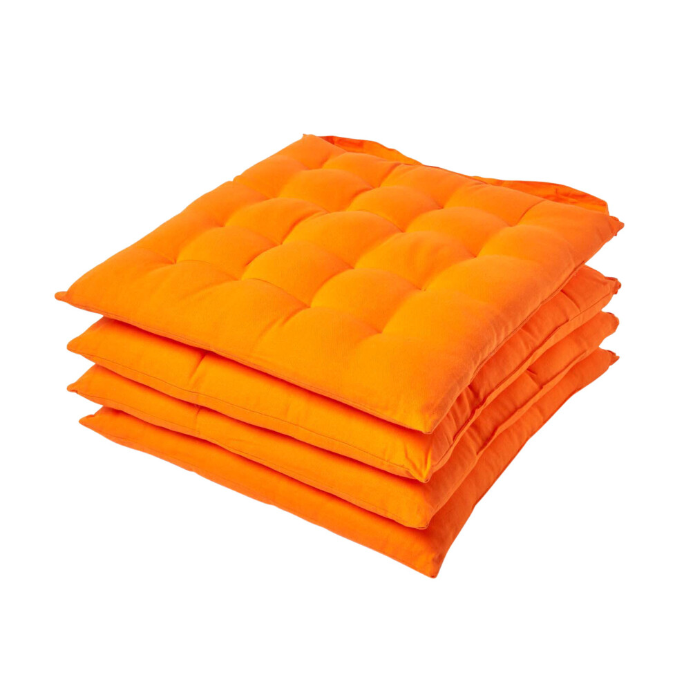 (Set of 4, Orange) Plain Seat Pad with Button Straps 100% Cotton