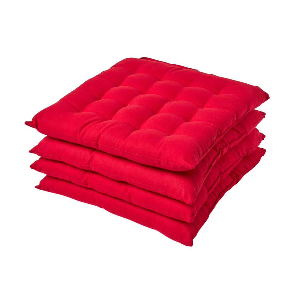 (Set of 4, Red) Plain Seat Pad with Button Straps 100% Cotton