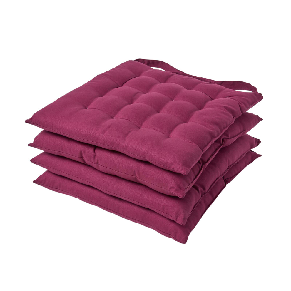 (Set of 4, Plum) Plain Seat Pad with Button Straps 100% Cotton