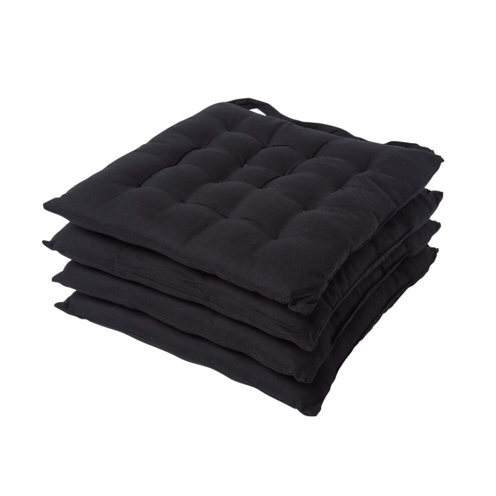 (Set of 4, Black) Plain Seat Pad with Button Straps 100% Cotton