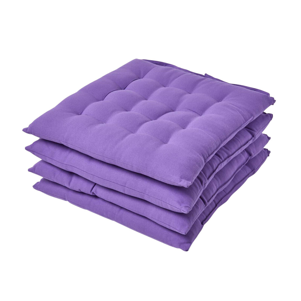 (Set of 4, Purple) Plain Seat Pad with Button Straps 100% Cotton