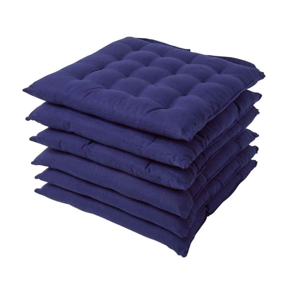 (Set of 6, Navy blue) Plain Seat Pad with Button Straps 100% Cotton