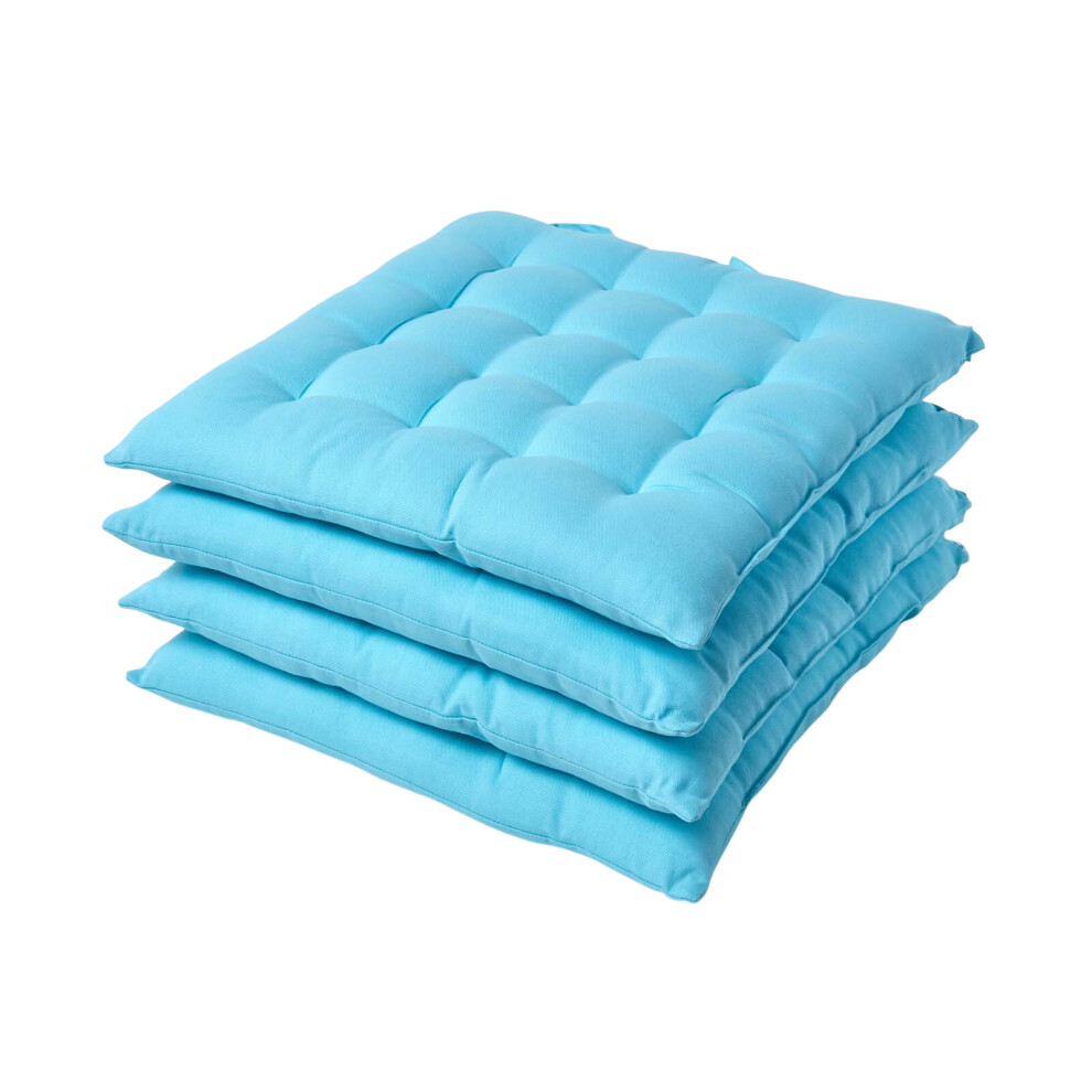 (Set of 4, Light blue) Plain Seat Pad with Button Straps 100% Cotton