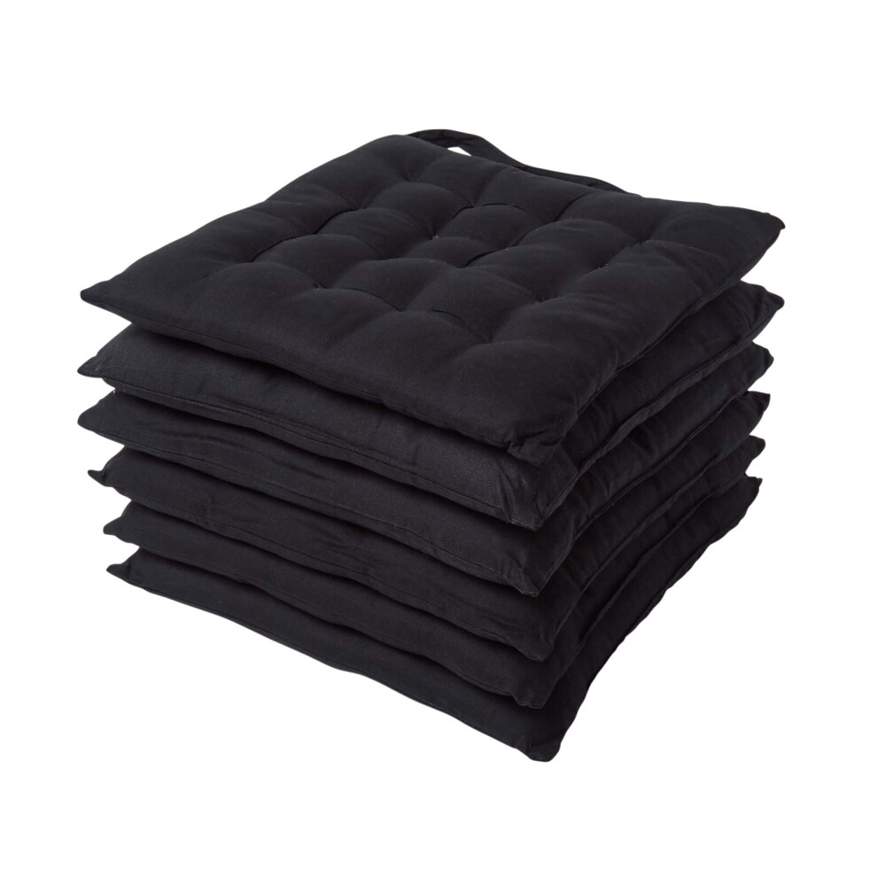 (Set of 6, Black) Plain Seat Pad with Button Straps 100% Cotton