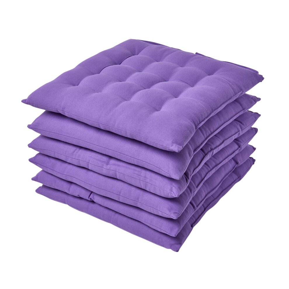 (Set of 6, Purple) Plain Seat Pad with Button Straps 100% Cotton