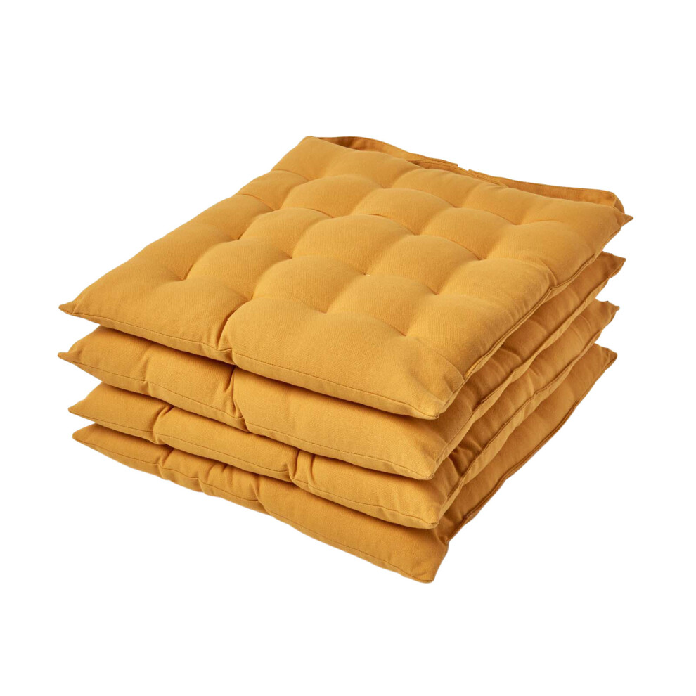 (Set of 4, Mustard Yellow) Plain Seat Pad with Button Straps 100% Cotton