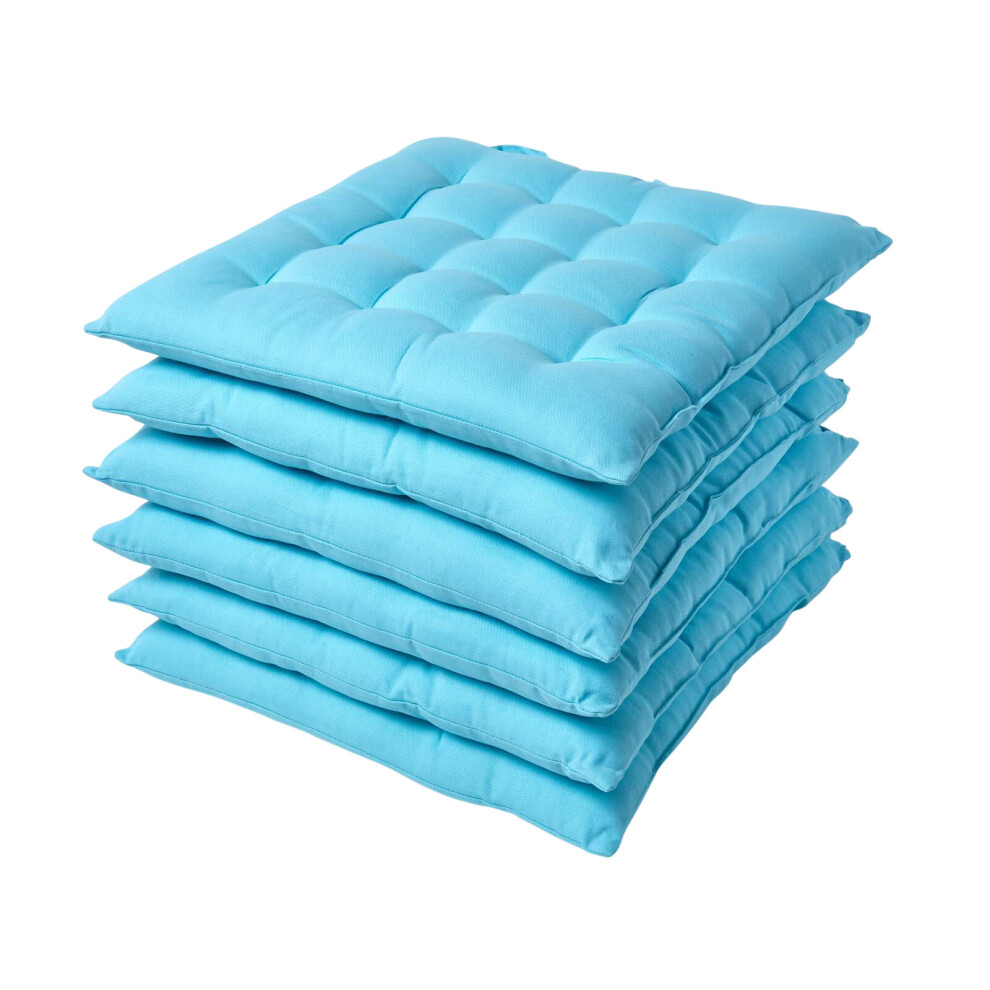 (Set of 6, Light blue) Plain Seat Pad with Button Straps 100% Cotton