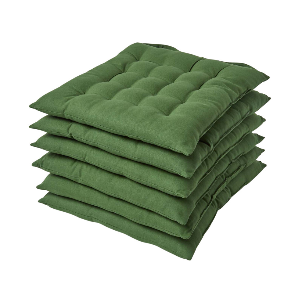 (Set of 6, Dark Olive) Plain Seat Pad with Button Straps 100% Cotton