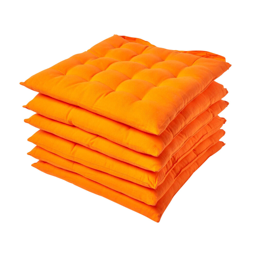 (Set of 6, Orange) Plain Seat Pad with Button Straps 100% Cotton