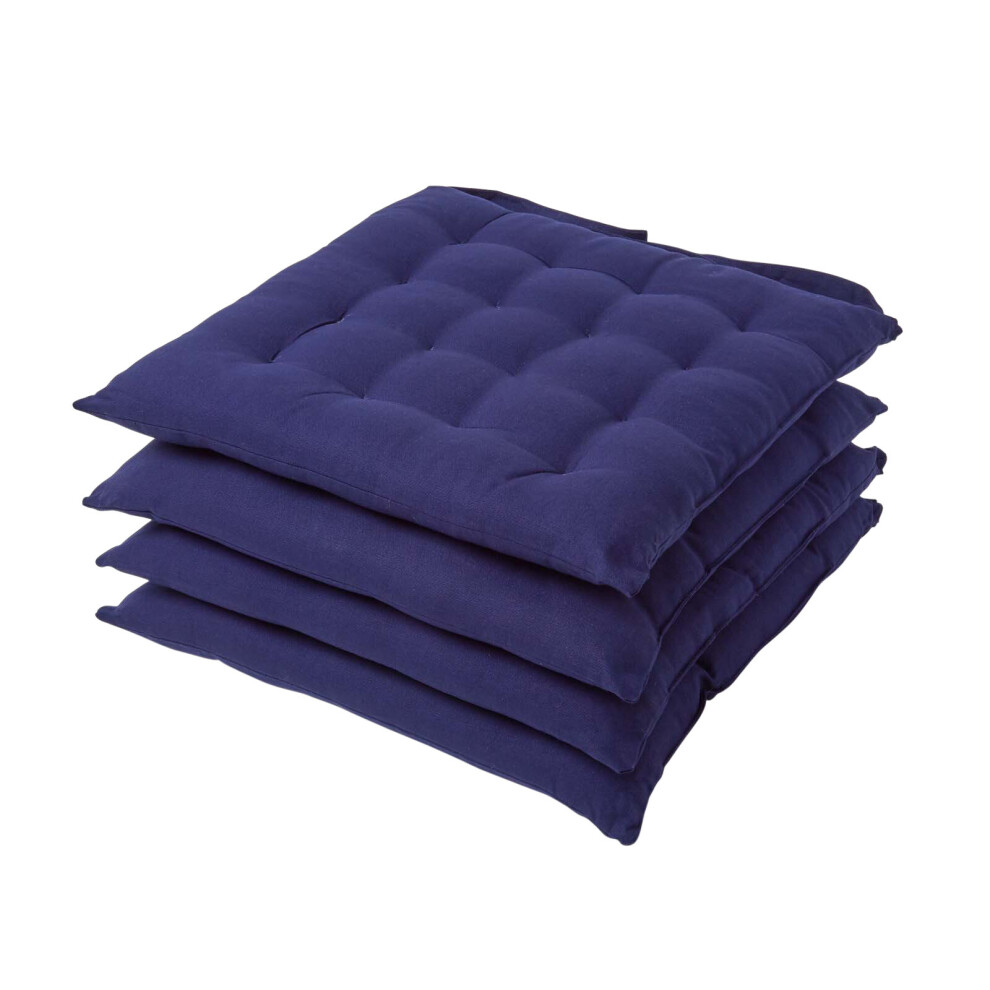 (Set of 4, Navy blue) Plain Seat Pad with Button Straps 100% Cotton