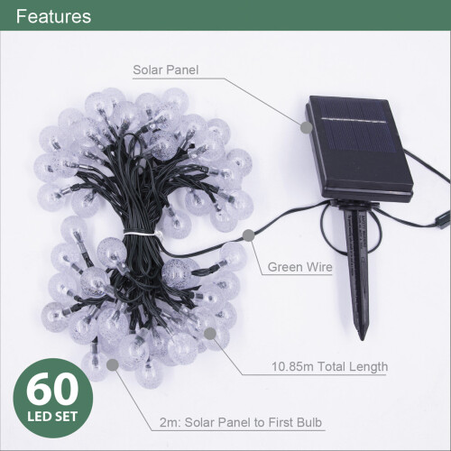 (Warm White) GardenKraft 60 Outdoor Globe String Lights / Solar Powered 1
