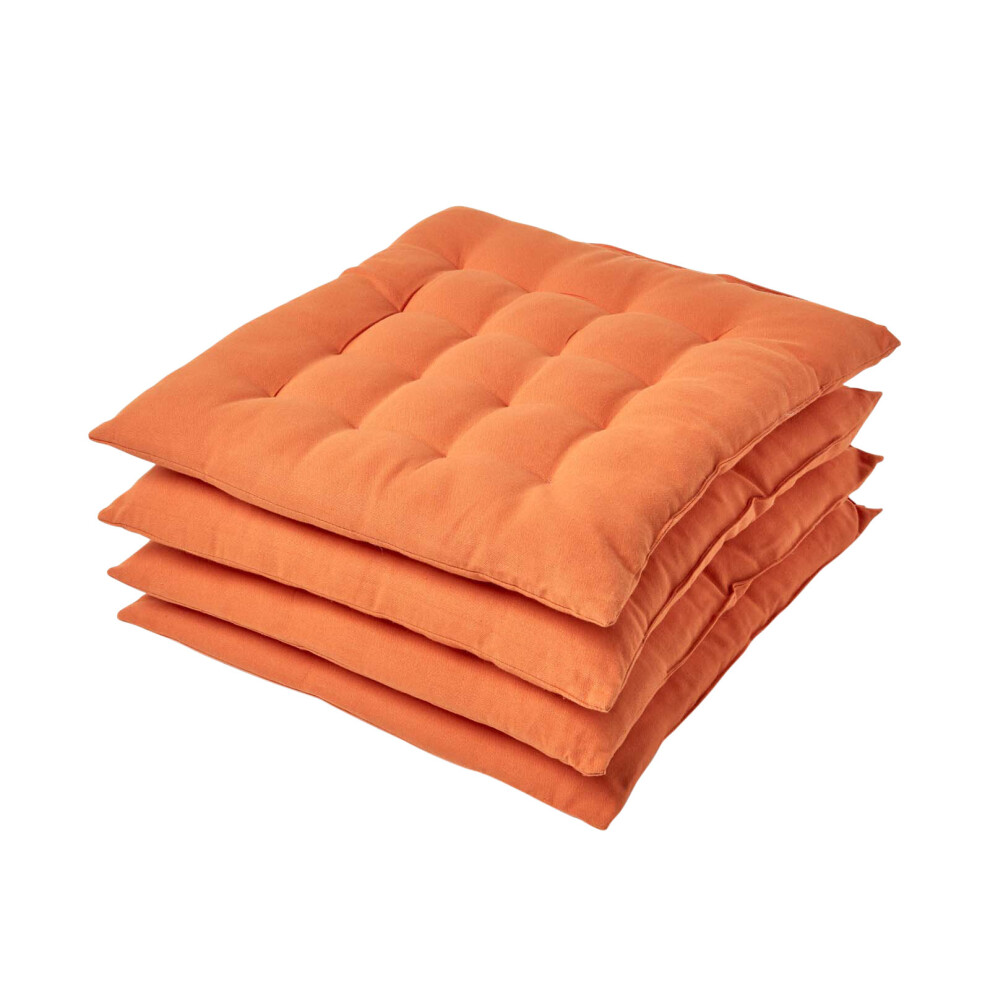 (Set of 4, Burnt Orange) Plain Seat Pad with Button Straps 100% Cotton