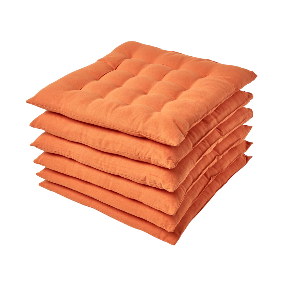 (Set of 6, Burnt Orange) Plain Seat Pad with Button Straps 100% Cotton