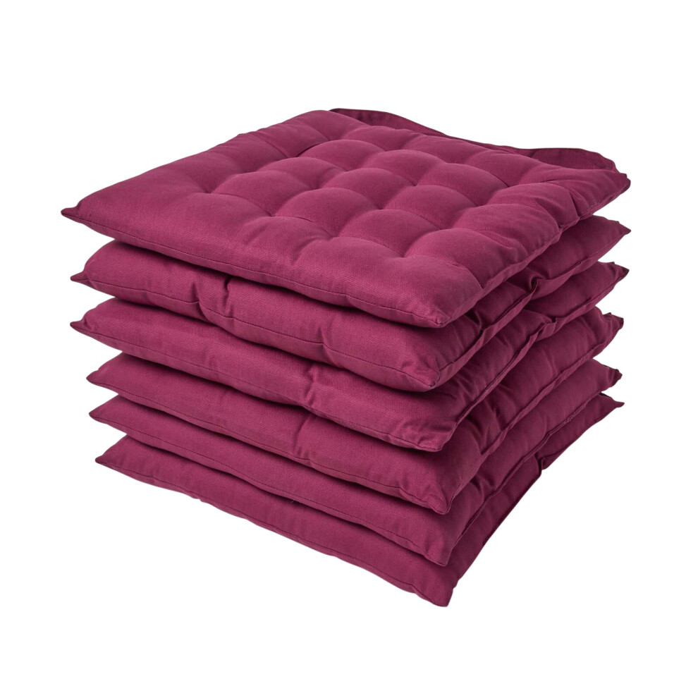 (Set of 6, Plum) Plain Seat Pad with Button Straps 100% Cotton