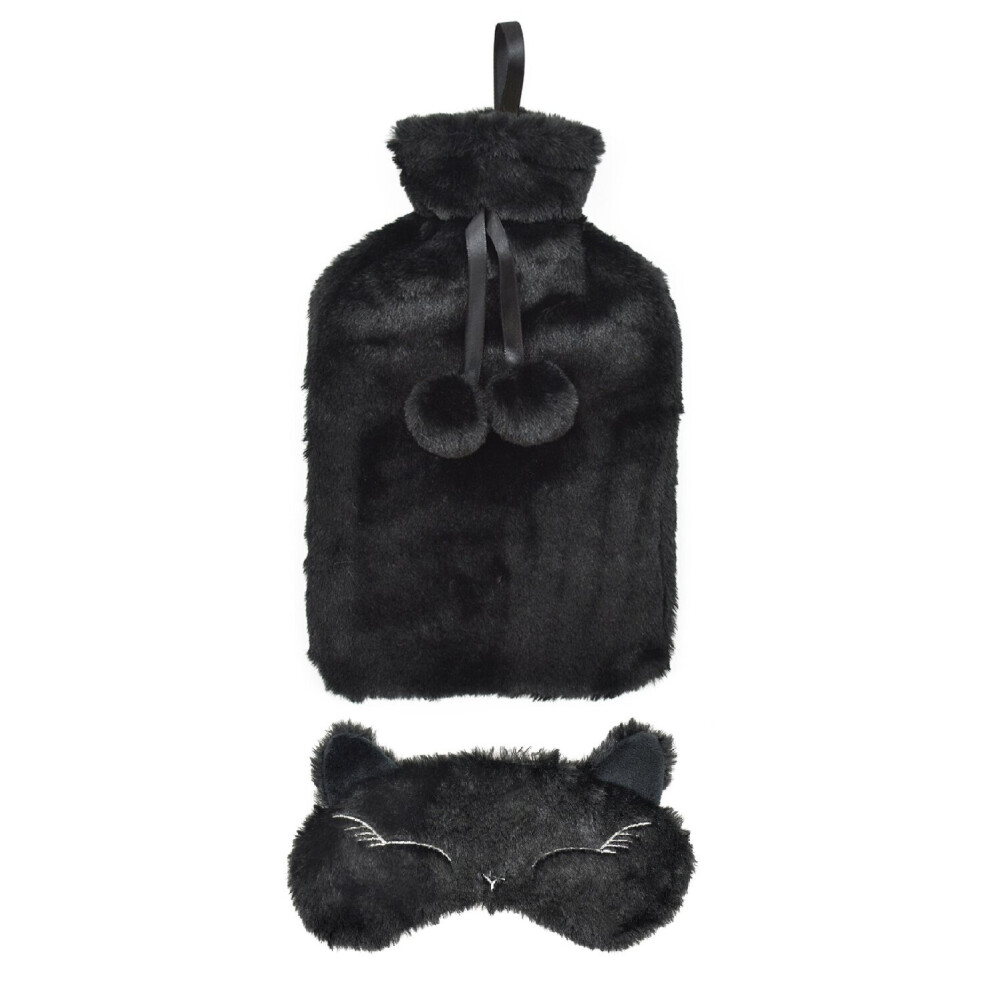 Follow That Dream Black 1.5 Litre Plain Plush Hot Water With Matching Cat Eye Mask