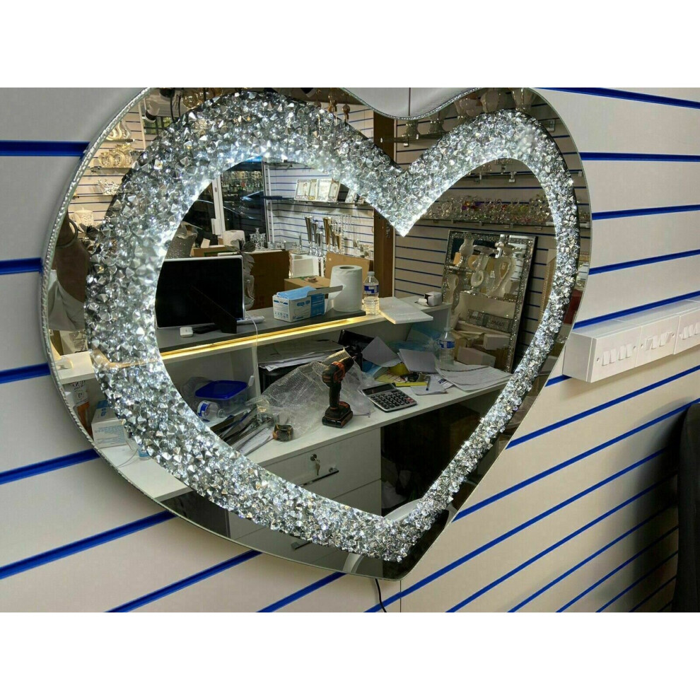 80x70cm Led Light Heart Shape Crushed Crystal Diamante Wall Mirror