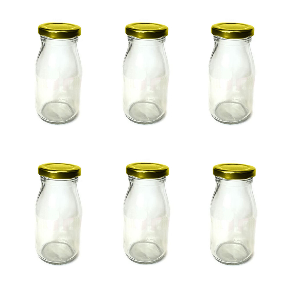 (6) Milk Bottles 200ml Gold Lid Glass Mini Funky Retro Parties