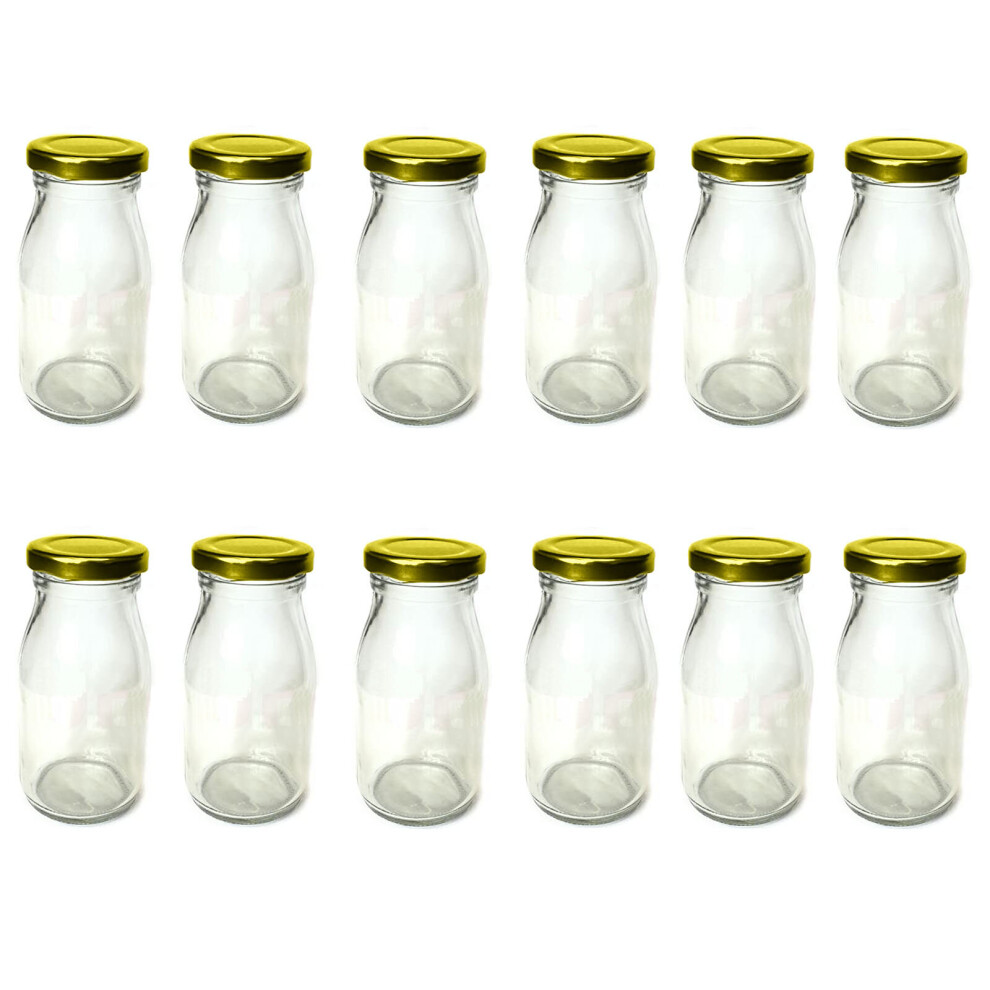 (12) Milk Bottles 200ml Gold Lid Glass Mini Funky Retro Parties