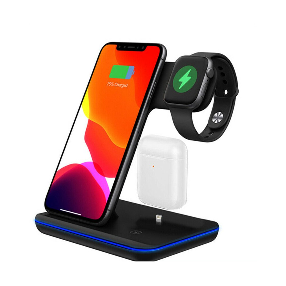 (Black) Wireless Charger Stand 3 in1 Qi 15W Fast Charging