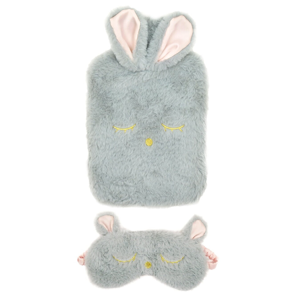Follow That Dream Grey 1.5L Hot Water Bottle, Plush Cover With Rabbit Ears & Matching Eye Mask