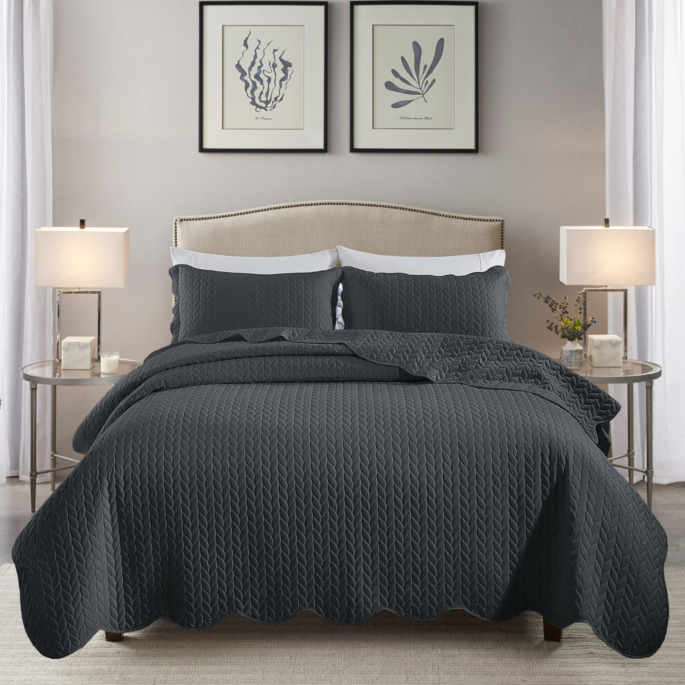 (CHARCOAL, DOUBLE) 3 Piece Satin Embossed Quilted Bedspread Throw & Pillow Shams