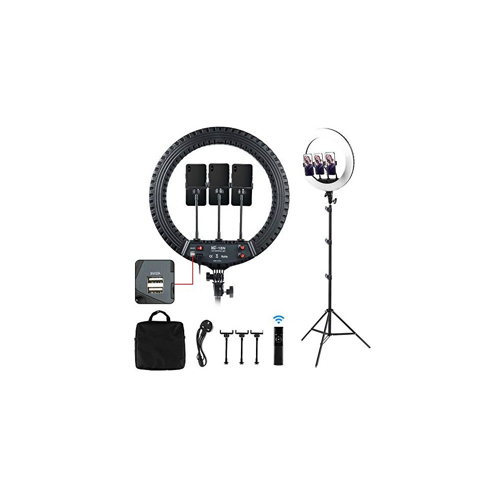 The Newest 18" LED Ring Light With Adjustable Tripod Stand & wireless Remote, 3 Light Modes & 10 Brightness, USB Powered, 3 Phone Holder for Live St