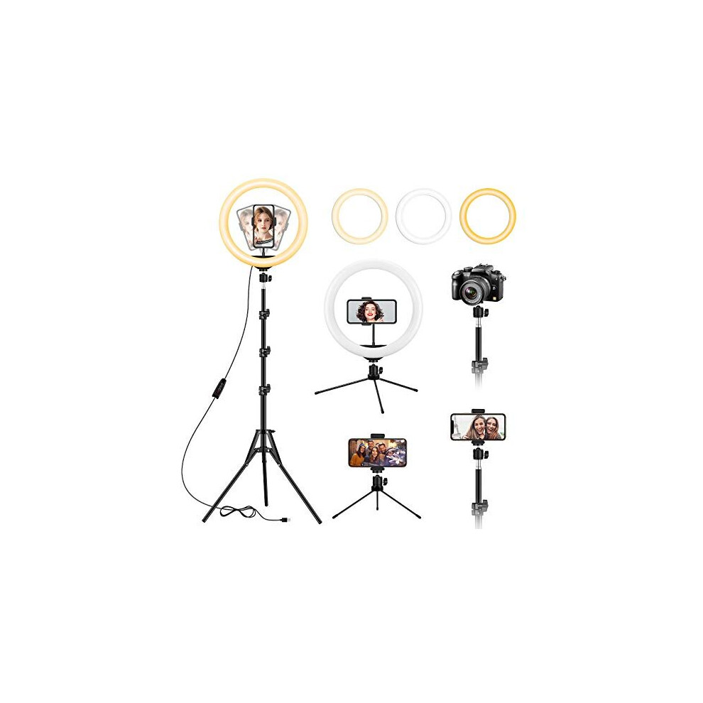 12.6 inch Ring Light with Floor Tripod and Desk Stand(Ringlight Kit Totally 74" Tall), Adjustable LED Circle Light with Phone Holder, for Photo Self