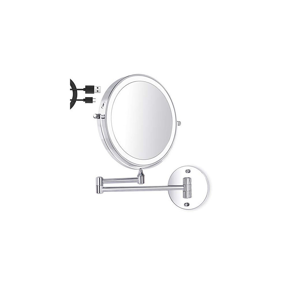 Amelar 8 Inch Wall Mounted Makeup Mirror USB Rechargeable LED 3 Color Lights Two Sided 1X/10X Magnifying Mirror Touch Switch Intelligent Shutdown 36