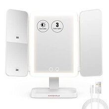 EASEHOLD Tri-Fold Illuminated Vanity Mirror 21Pcs Led Lights Touch Screen Lighted Makeup Table Mirror, White