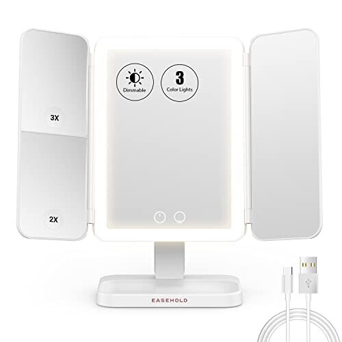 EASEHOLD Tri-Fold Illuminated Vanity Mirror 21Pcs Led Lights Touch Screen Lighted Makeup Table Mirror, White