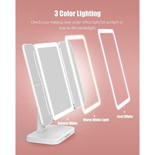 EASEHOLD Tri-Fold Illuminated Vanity Mirror 21Pcs Led Lights Touch Screen Lighted Makeup Table Mirror, White 1