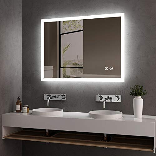 Hausbath Led Bathroom Vanity Mirror - Thin Bathroom Wall Mounted Makeup Mirror with Shaver Socket, Bluetooth Speaker, LED Lights, Touch Switch, Demi