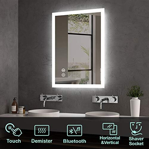 Hausbath Led Bathroom Vanity Mirror - Thin Bathroom Wall Mounted Makeup Mirror with Shaver Socket, Bluetooth Speaker, LED Lights, Touch Switch, Demi 1