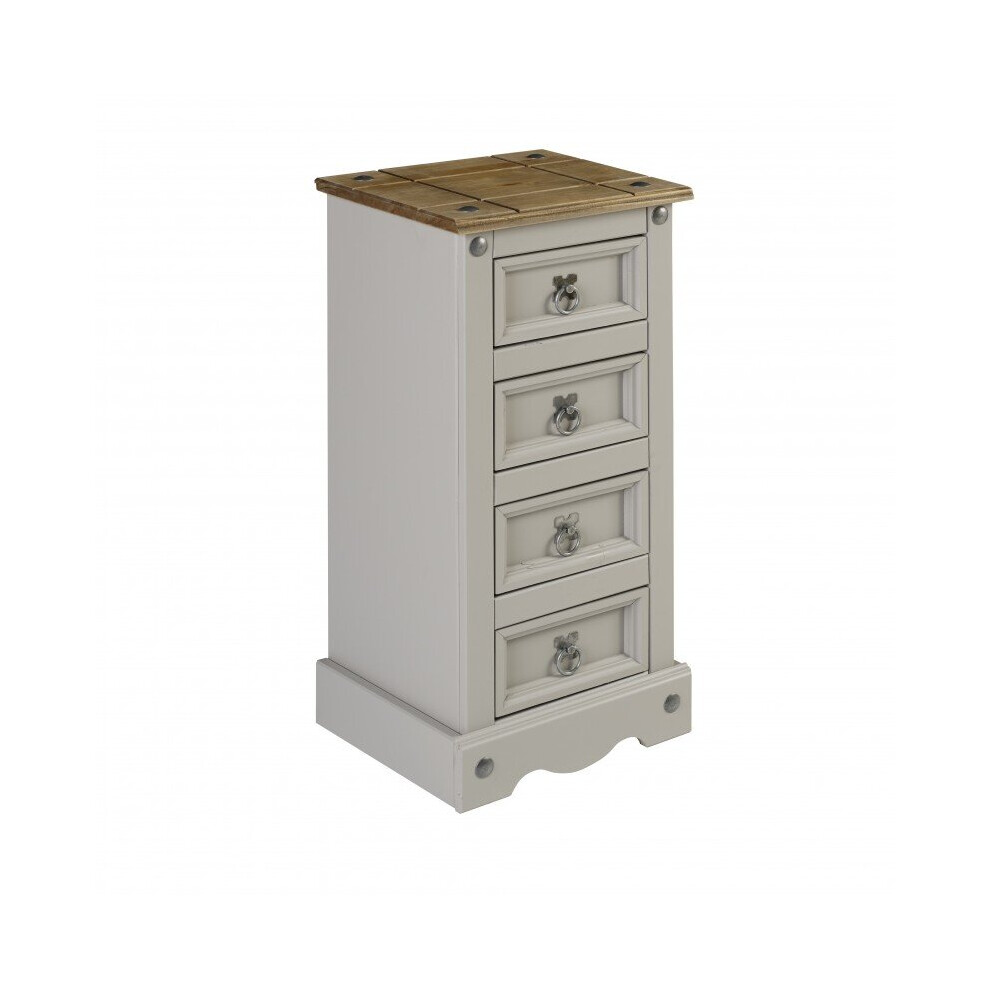 Corona Grey Wax 4 Drawer Narrow Bedside Solid Pine Bedroom Furniture