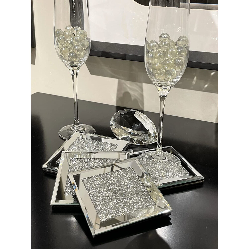 Set of 4 Square Shape Sparkle Diamante Crushed Jewel Coasters 10x10cm