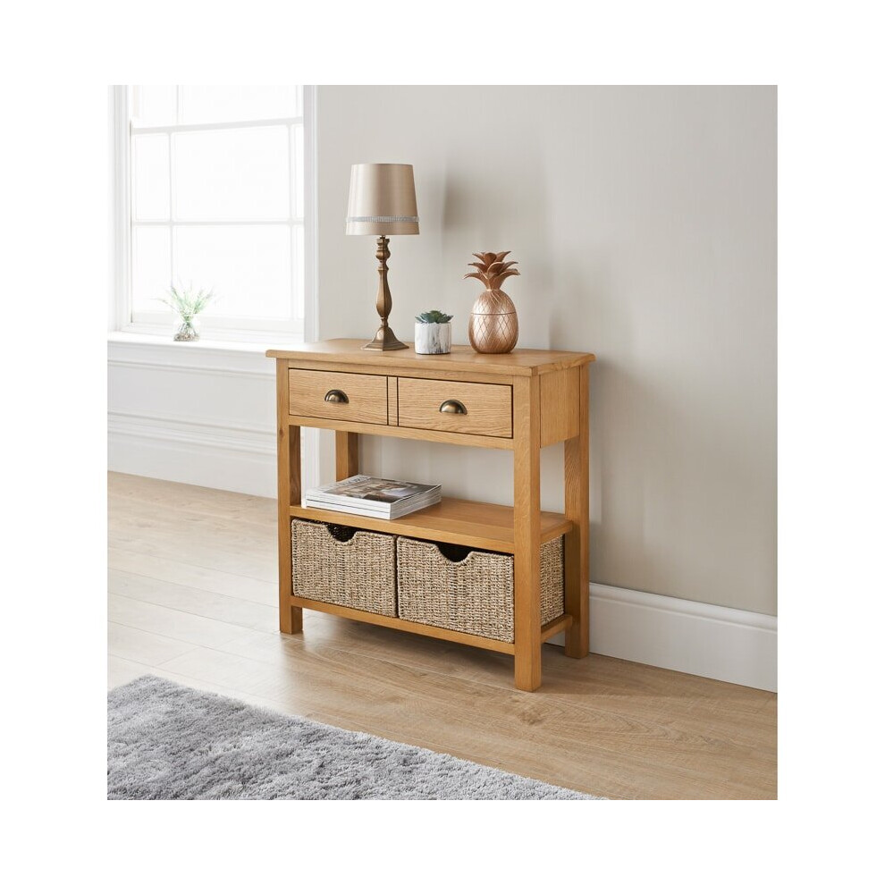 Thick Top Wiltshire Oak Console Table with Storage Baskets To Any Home