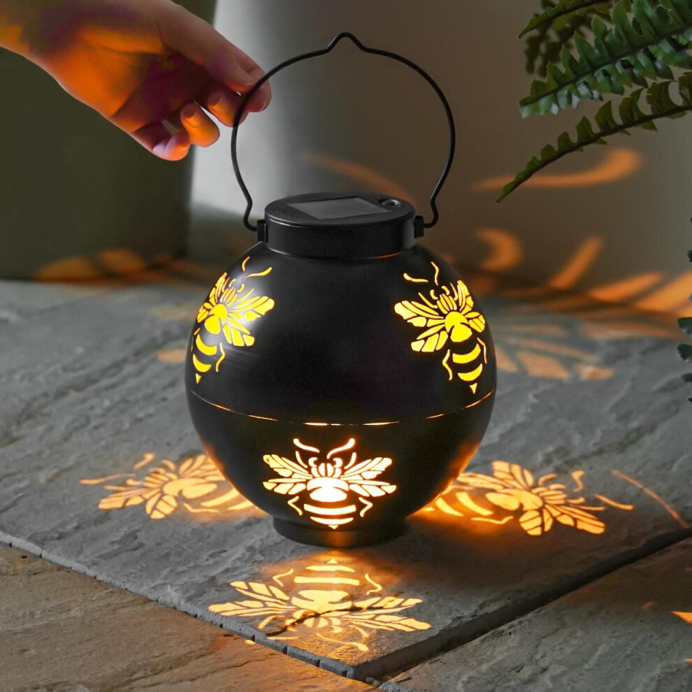 19cm Solar Power Hanging Bee Silhouette LED Lantern Warm White | Garden Outdoor