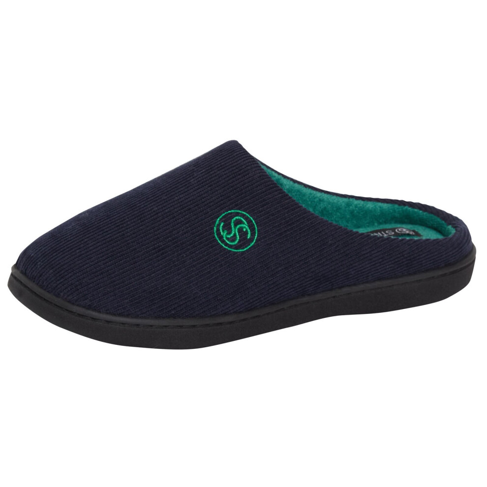 (Navy, UK 10) Strong Souls Mens Memory Foam Slippers Open Back Fleece Lined Mules House Shoes