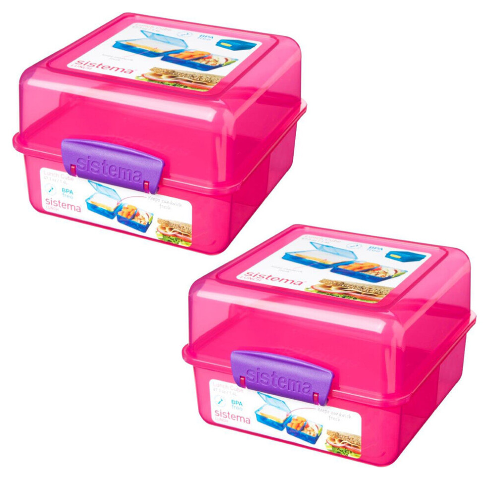 Sistema Pink 3 Compartment Klip It 1.4L Lunch Cube Box Set Of 2