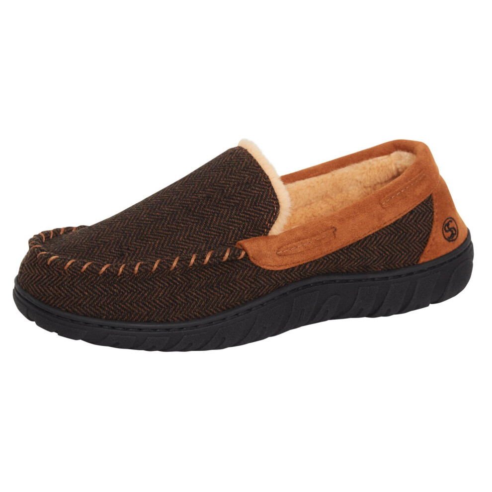 (Brown, UK 8) Mens Memory Foam Moccasin Slippers Faux Fur Lined Slip On Anti Slip House Shoes