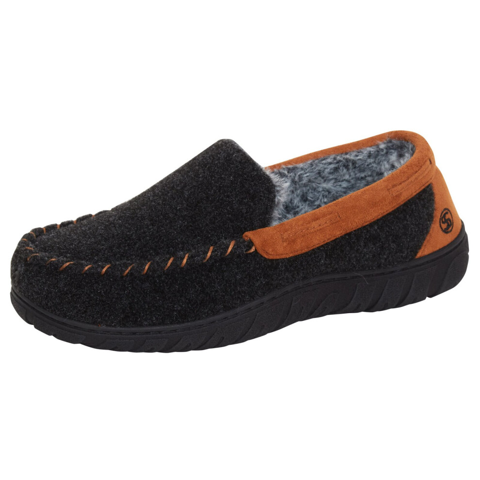 (Grey, UK 12) Mens Memory Foam Moccasin Slippers Faux Fur Lined Slip On Anti Slip House Shoes