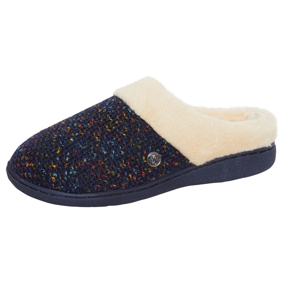 (Navy, UK 6) Womens Memory Foam Slippers Ladies Sherpa Faux Fur Lined Open Back House Shoes
