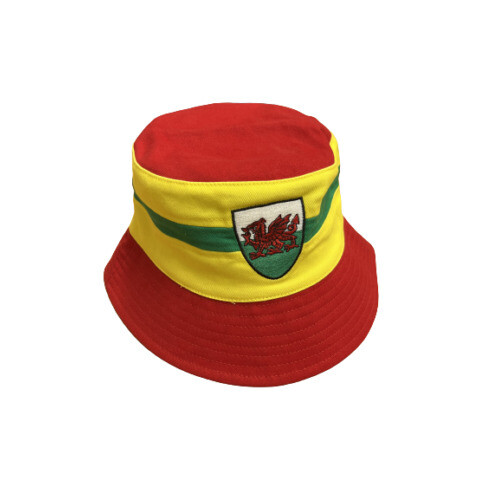 (YELLOW STRIPE) New Wales Cymru Am Byth Welsh Dragon Stripe Football Rugby Patriotic Bucket Hats