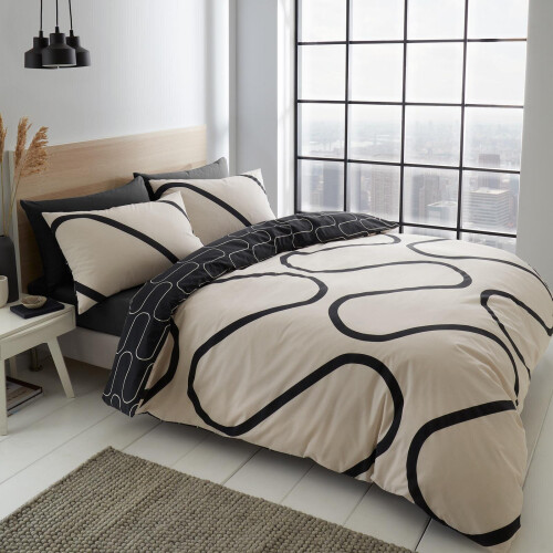 Catherine Lansfield Linear Curve Geometric Duvet Cover Black King