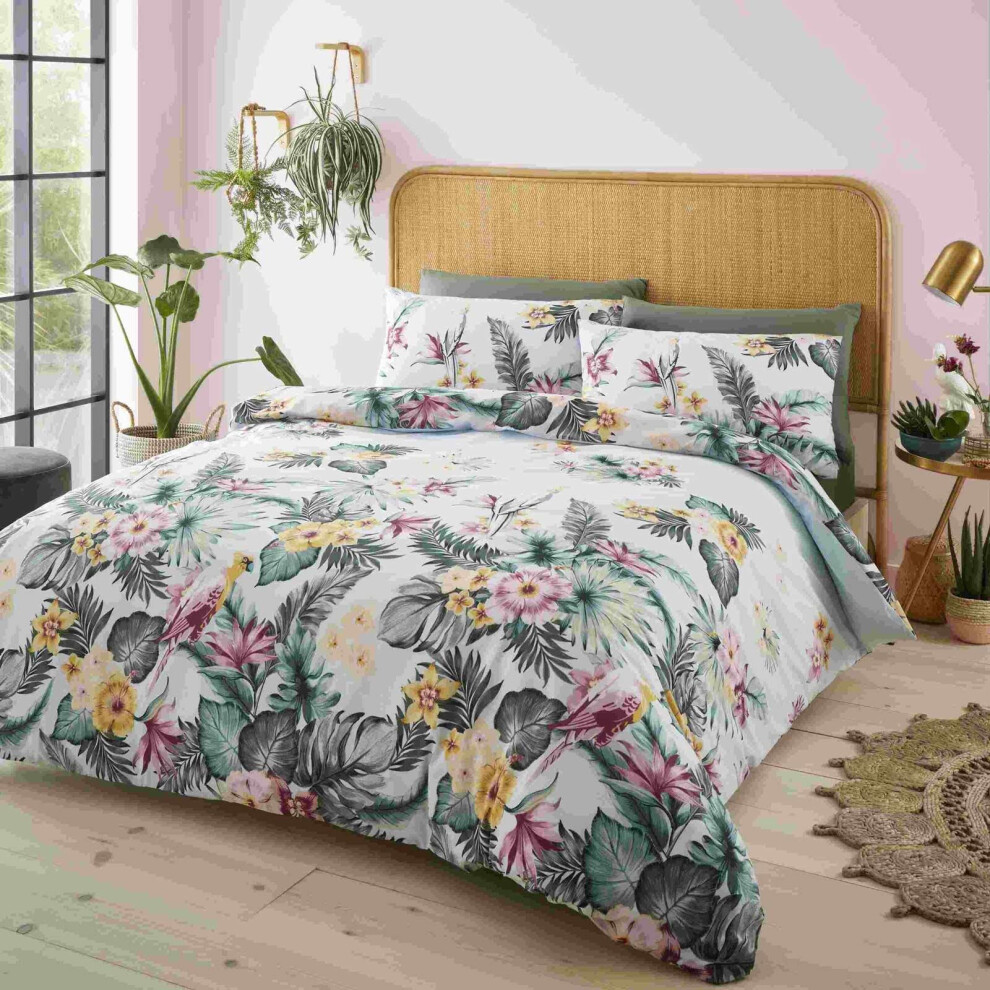 Catherine Lansfield Tropical Floral King Duvet Cover Bedding Bed Set Blue Birds