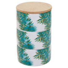 Palm Set of Three Stackable Canisters,Stoneware Containers With Palm Leaf Pattern,Canisters With Bamboo Lids