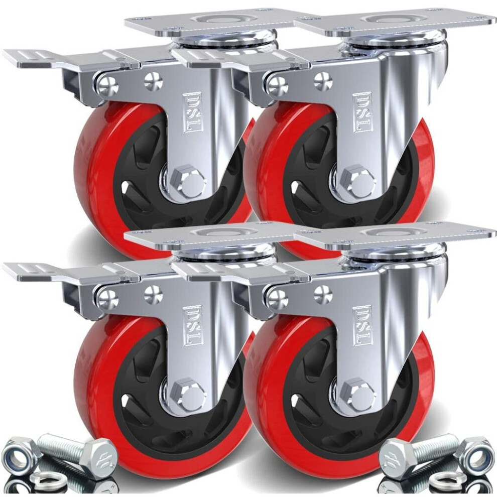 DSL 4 x Heavy Duty Double Bearing BRAKED 100mm Rubber Swivel Castor Wheel Trolley Furniture Caster 700KG Free Fitting