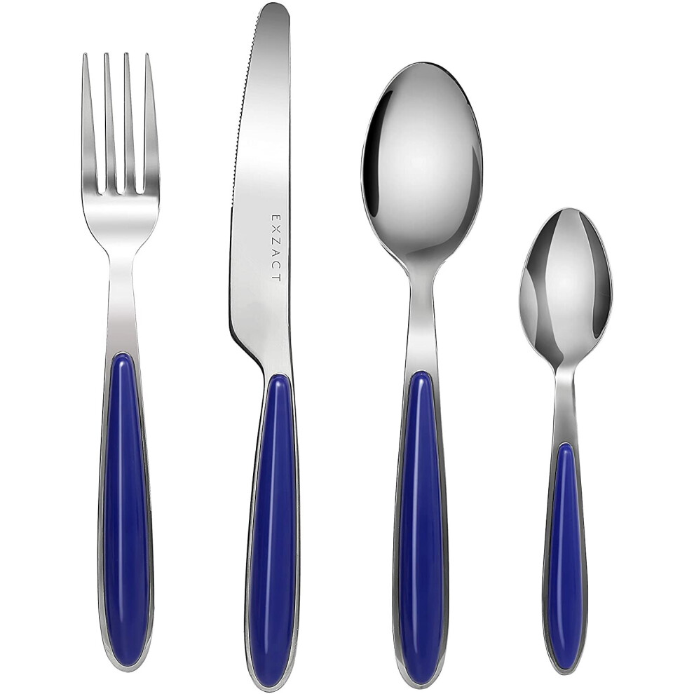 EXZACT Cutlery Set of 16, Stainless Steel with Color Handles - 4 Forks, 4 Dinner Knives, 4 Dinner Spoons, 4 Teaspoons - EX07 (Blue x 16)