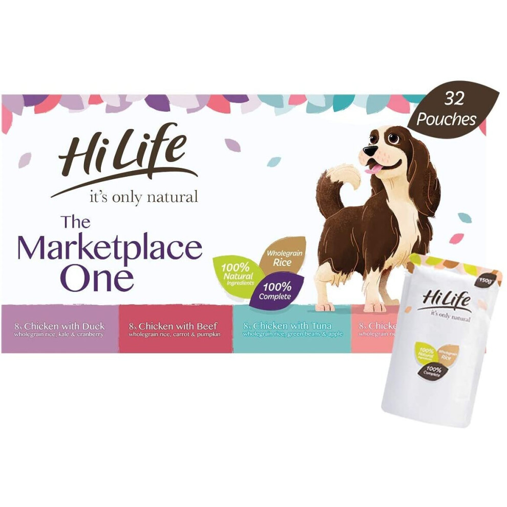Hilife It's Only Natural - Complete Wet Dog Food - The Marketplace One - 100% Natural Ingredients, Multipack, 32 Pouches X 150G