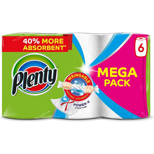 Plenty Plenty Kitchen Towel, 6 White Rolls, 600 Sheets, 2-Ply Tissue
